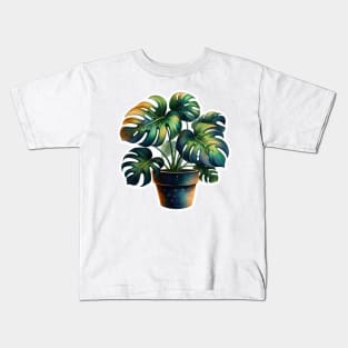 Watercolor monstera plant sticker Kids T-Shirt